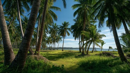 Lush palm grove meets a tranquil, serene ocean horizon on a sunny day.