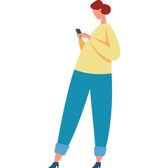 Woman Wearing Yellow Sweater and Blue Pants Looking at Her Phone Isolated on White Background