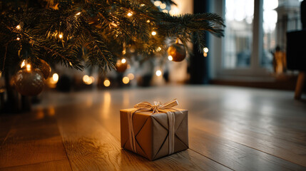 small package under tree, surrounded emptiness, symbolizing absence of loved ones Christmas. Loneliness during Christmas holidays with copy space, holiday contrast, aging, and emotional storytelling