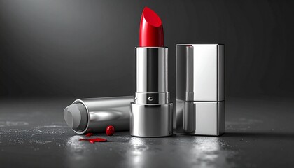 Silver lipstick tubes with vibrant red lipstick on dark gray gradient background for editorial beauty photography cosmetic product decor and poetic elegance-themed visuals