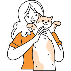 Woman with Blonde Hair and Orange Shirt Holding a Fluffy Orange and White Cat with a Happy Expression Against a Transparent Background in a Simple Line Art Style