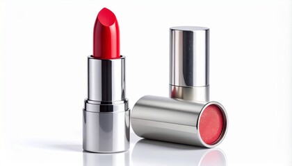 Silver lipstick tubes with vibrant red lipstick on dark gray gradient background for editorial beauty photography cosmetic product decor and poetic elegance-themed visuals