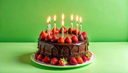 Chocolate layer cake with ganache, strawberries, and lit candles on wooden surface with green background for editorial dessert photography birthday celebration decor and poetic indulgence-themed visua