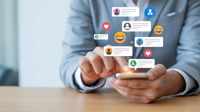 Person using smartphone with social media chat bubbles and emojis communication mobile phone