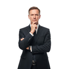Professional business man pondering deeply with chin resting on hand isolated on transparent background
