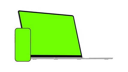 Animated laptop and smartphone mockup with green screen, isolated on white background. Devices for showing apps, web interfaces or promo presentations