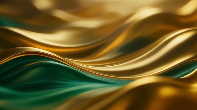 Golden emerald abstract liquid flow with smooth gradient waves, luxury motion background design, seamless 4K loop