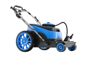 Blue and black pressure washer on wheels isolated on transparent background