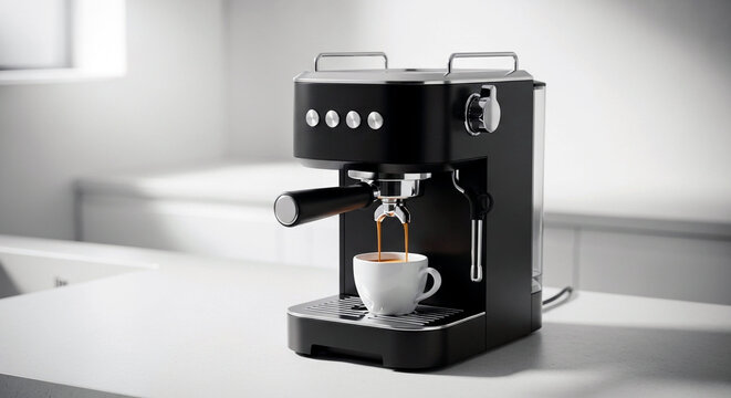 Espresso machine in action — black appliance brewing fresh coffee, white cup on counter, morning scene