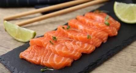 Fresh salmon sashimi with microgreens and lime on wooden table, closeup