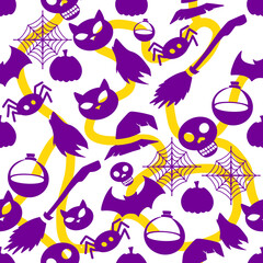 Fototapeta premium Cute and Spooky Halloween Pattern – Digital IllustrationDescription: A seamless Halloween pattern featuring bats, cats, skulls, pumpkins, and potions in purple and yellow colors.