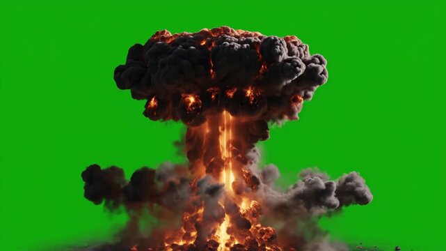 Nuclear Explosion on Green Screen - The video displays a simulated nuclear explosion with a mushroom cloud against a green screen background. The explosion exhibits intense flames and dark smoke.