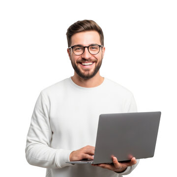 Smiling young man with glasses wearing a white sweater holding a laptop computer isolated on transparent background