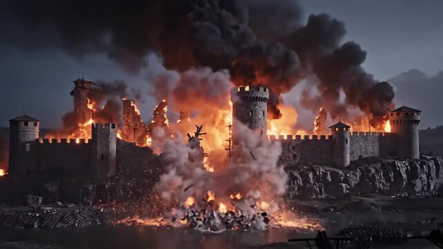 Burning Castle Under Siege - An old castle is under siege and engulfed in flames with billowing smoke, stone walls stand as explosions erupt near the base, adding to the devastation.