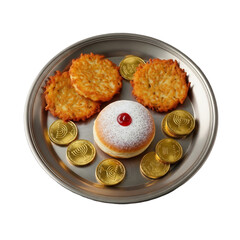 Appetizing Hanukkah treats: latkes, sufganiyah, gelt coins on a silver platter. Isolated on transparent background. Perfect for holiday marketing, Jewish celebrations, food blogs, festive designs,