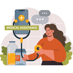 Woman holding stethoscope to her arm with mobile phone displaying medical cross and chat bubbles above bottles of medicine and plants in soft lighting with a transparent background.