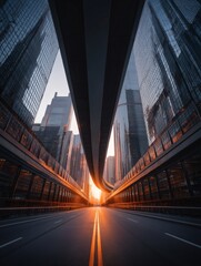 Fototapeta premium Urban perspective, roads lead to a bright horizon in city center.