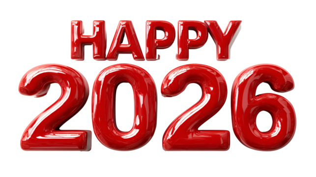 Happy 2026 red glossy numbers isolated on transparent background