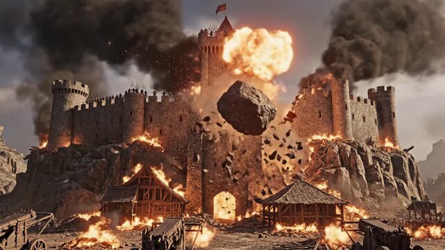 Burning Castle Under Siege - A large medieval castle is under siege and is being attacked by flaming projectiles. The castle walls are on fire and smoke billows into the sky.