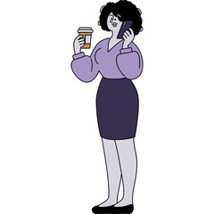 Woman In Lavender Blouse And Dark Purple Skirt Holds Coffee Cup And Talks On Phone With Curly Black Hair And Black Shoes Standing Against White Background