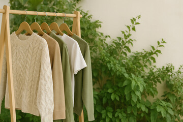 natural color clothes hanging on wooden rack with green background sustainable fashion concept neutral beige and green tone interior style