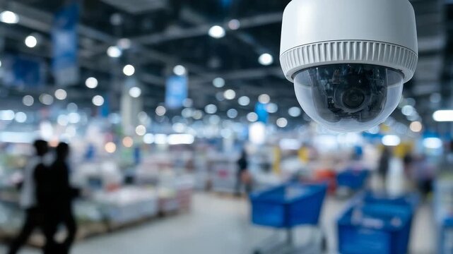 Ceiling dome camera capturing expansive view of retail environment, blurred background with carts, shoppers, and rows of merchandise