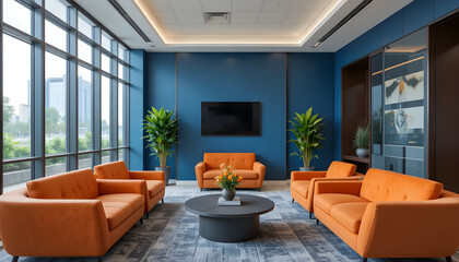 Modern corporate office interior with elegant blue walls and stylish orange seating arrangement