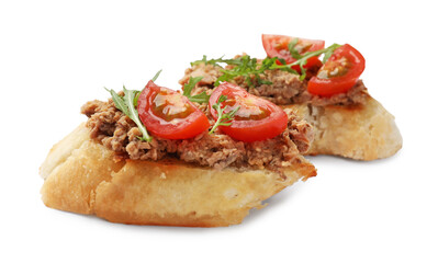 Delicious bruschettas with tuna, tomatoes and arugula isolated on white
