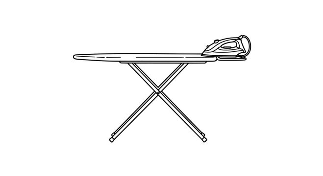 Minimalist Line Art Illustration of an Ironing Board with an Electric Iron on a White Background