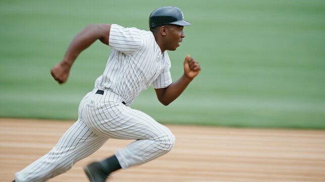 A baseball player in a classic striped uniform sprints across the dusty infield, showcasing intense focus and determination during a crucial moment in the game, with fans cheering in the background