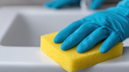 Fototapeta premium Cleaning action hands scrubbing lavatory sink with sponge hygiene and cleaning standards in domestic bathroom environment
