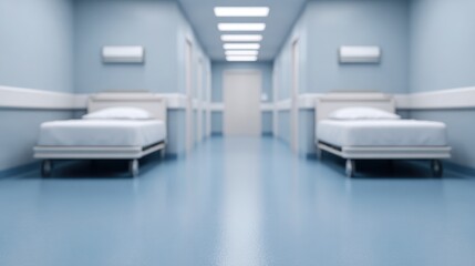 Fototapeta premium Blurred view of hospital double room with two patient beds and side tables in a standard environment