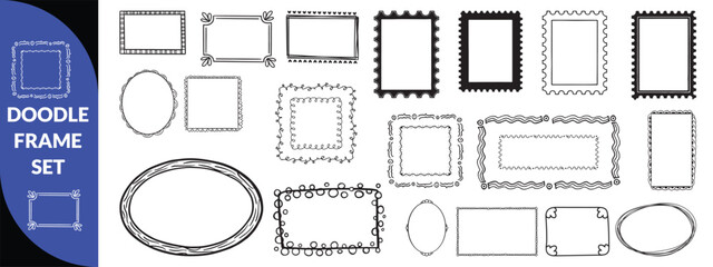 Doodle frame set, vector hand drawn stamp border, vintage abstract wavy post stamp simple design. Blue decorative rectangle label, empty banner shape collection. big set design 