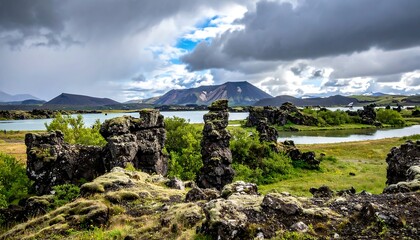 Volcanic landscape with a lake and dramatic sky