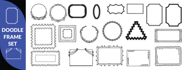 Doodle frame set, vector hand drawn stamp border, vintage abstract wavy post stamp simple design. Blue decorative rectangle label, empty banner shape collection. big set design 