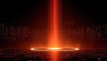 Vibrant photo of abstract red light beam with particles and circle on dark background