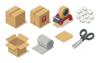 Isometric packaging tools and materials: boxes, tape, scissors, bubble wrap, stickers