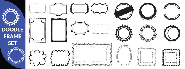 Doodle frame set, vector hand drawn stamp border, vintage abstract wavy post stamp simple design. Blue decorative rectangle label, empty banner shape collection. big set design 