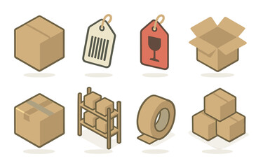 Colorful icons of boxes, price tags, and packaging supplies