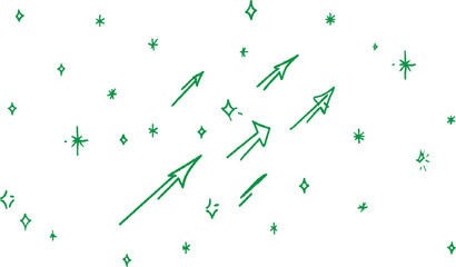 Green arrows and starbursts on white background sparkle