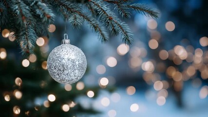 Close-up of glittery silver bauble hanging from Christmas tree, surrounded by glowing lights and evergreen needles, holiday spirit radiating warmth - Powered by Adobe