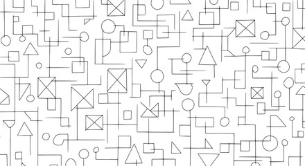 Dense Hand-Drawn Black Outline Geometric Pattern with Interconnected Circles, Squares, and Triangles on White Background