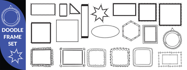 Doodle frame set, vector hand drawn stamp border, vintage abstract wavy post stamp simple design. Blue decorative rectangle label, empty banner shape collection. big set design 