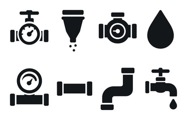 Black water icon set: gauge, faucet, pipe, and droplet designs