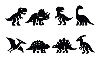 Silhouettes of eight iconic dinosaurs on black background