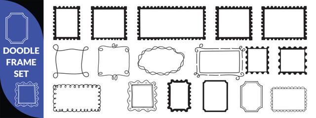 Doodle frame set, vector hand drawn stamp border, vintage abstract wavy post stamp simple design. Blue decorative rectangle label, empty banner shape collection. big set design 