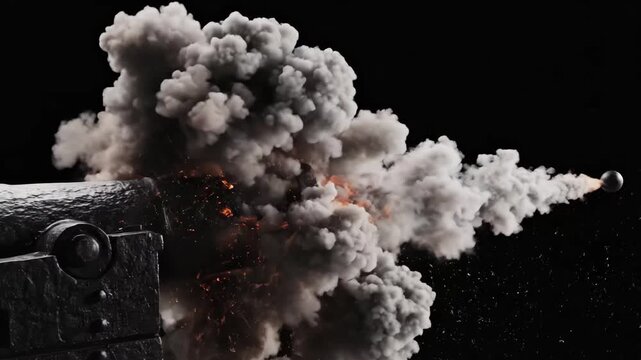 Cannon Firing with Smoke and Fire - This video shows a cannon firing a round ball projectile with a burst of orange fire and thick gray smoke billowing from its muzzle.