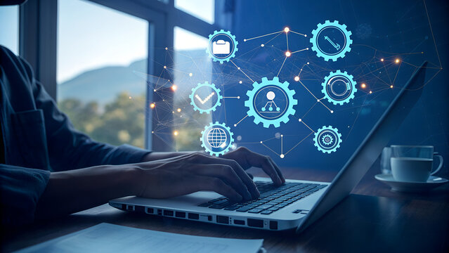 Businesswoman Using Ai artificial intelligence on laptop to document management concept, online documentation database and digital file storage system or software, records keeping, database technology