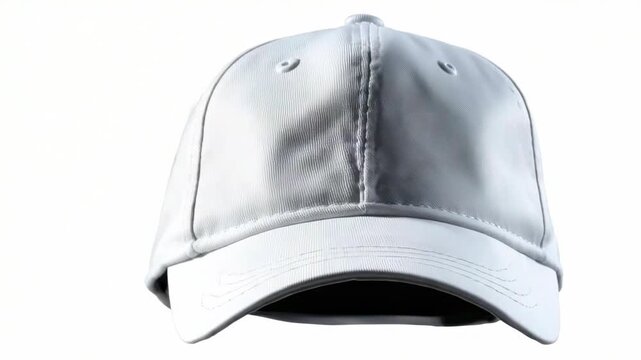 A plain white fabric cap with a rounded crown stitched eyelets and a stiff curved brim isolated on a white background