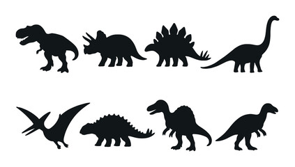Silhouettes of prehistoric dinosaurs on dark background